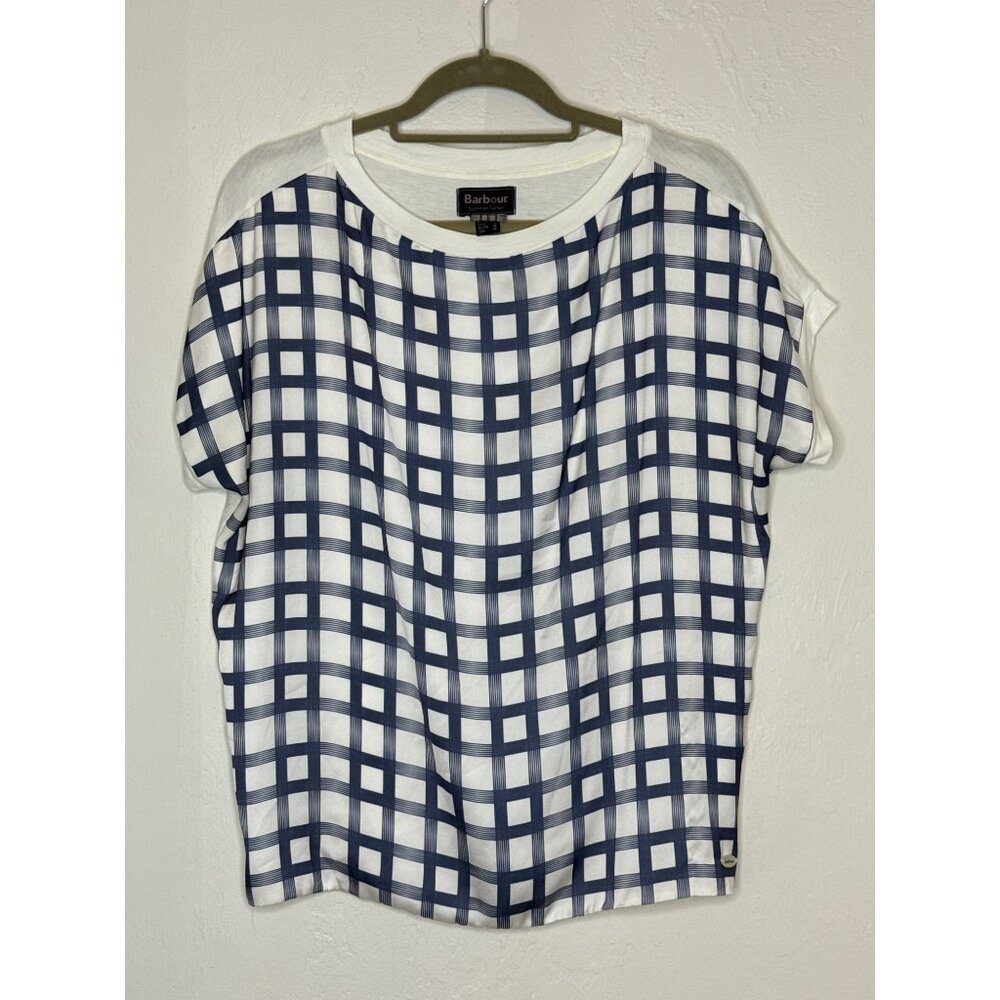 Barbour Women's Summer Tartan Windowpane Front Drop Shoulder Blouse White Blue 6